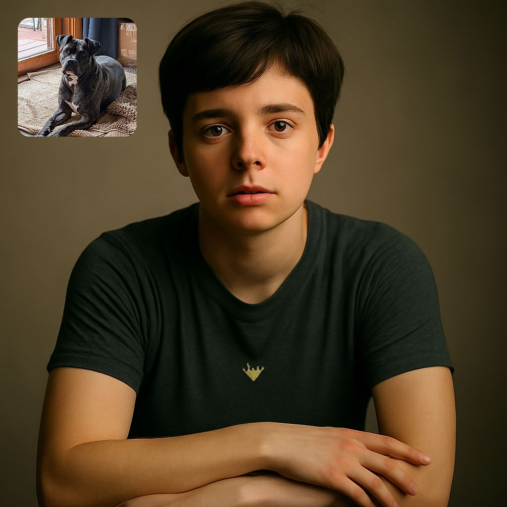 A thoughtful brindle dog lounges on a textured beige rug by a wooden door, gazing curiously at the camera with expressive eyes, while soft natural light highlights its shiny coat and the cozy indoor setting.