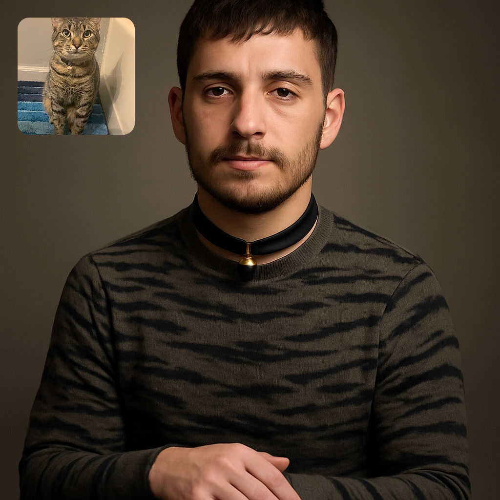 A curious tabby cat sits attentively on a striped blue rug, staring straight ahead with wide, expressive eyes. The background shows a plain wall and a corner of a bathtub, giving the scene a cozy bathroom vibe.