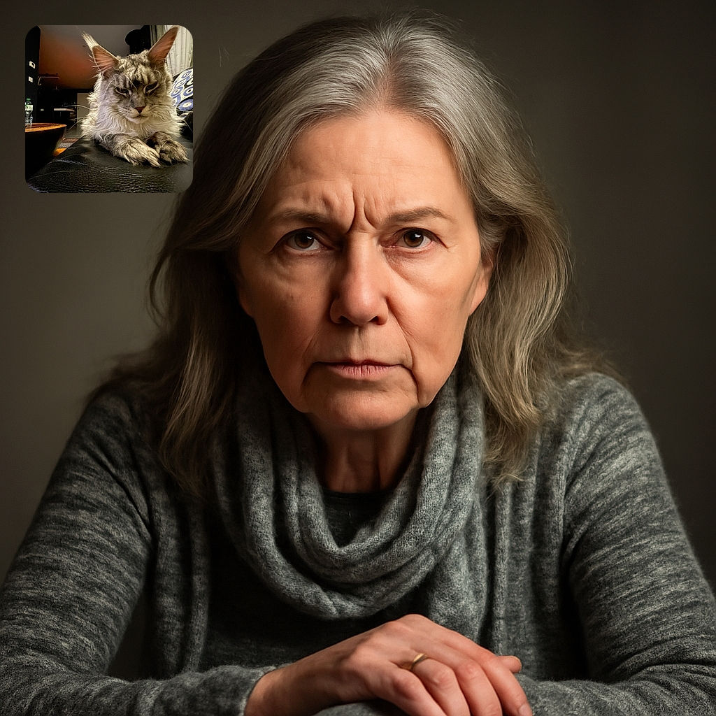 A majestic Maine Coon cat lounges on a black leather couch, looking intensely at the camera with its tufted ears and fluffy fur. The background shows a cozy, dimly lit living room with a patterned pillow and a wooden table with a water bottle.