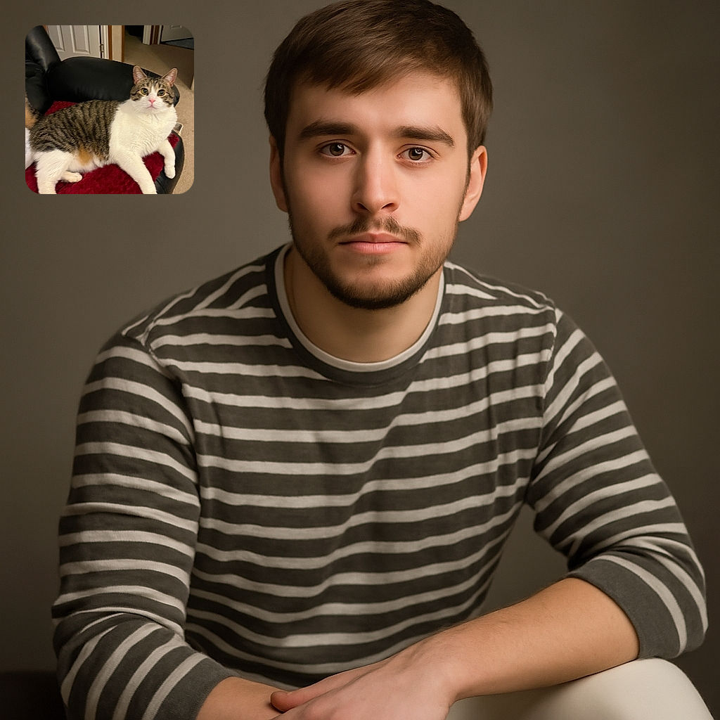 A charming tabby and white cat lounges comfortably on a plush red blanket atop a black leather chair, gazing curiously at the camera with wide eyes in a cozy indoor setting.