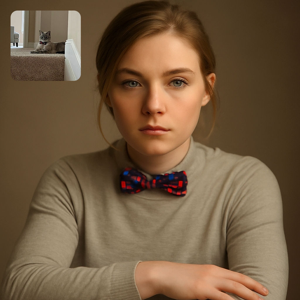 A dignified cat wearing a charming bow tie lounges gracefully on a carpeted stair, looking like the sophisticated host of a fancy feline gala in a cozy home setting.