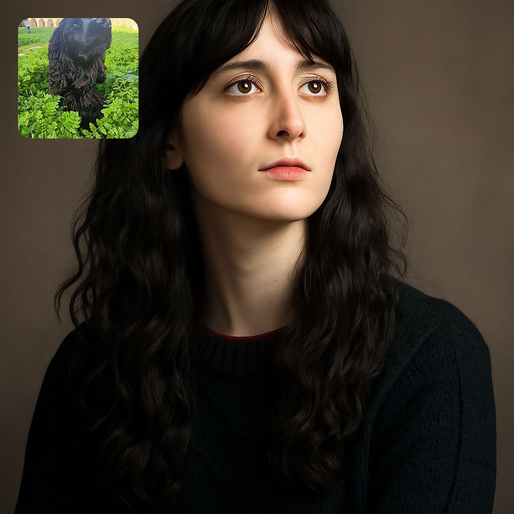 A majestic black dog with long, curly fur peers proudly above a lush bed of green foliage, with ancient stone arches and a person blurred in the background, giving off a vibe of a regal guardian of the garden.
