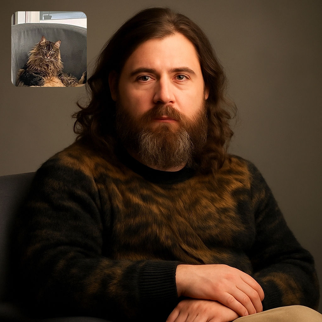 A fluffy, majestic cat lounges on a grey armchair with a relaxed yet regal pose, gazing directly at the camera. The background features a window with a small potted plant and some outdoor furniture visible, creating a cozy indoor scene.