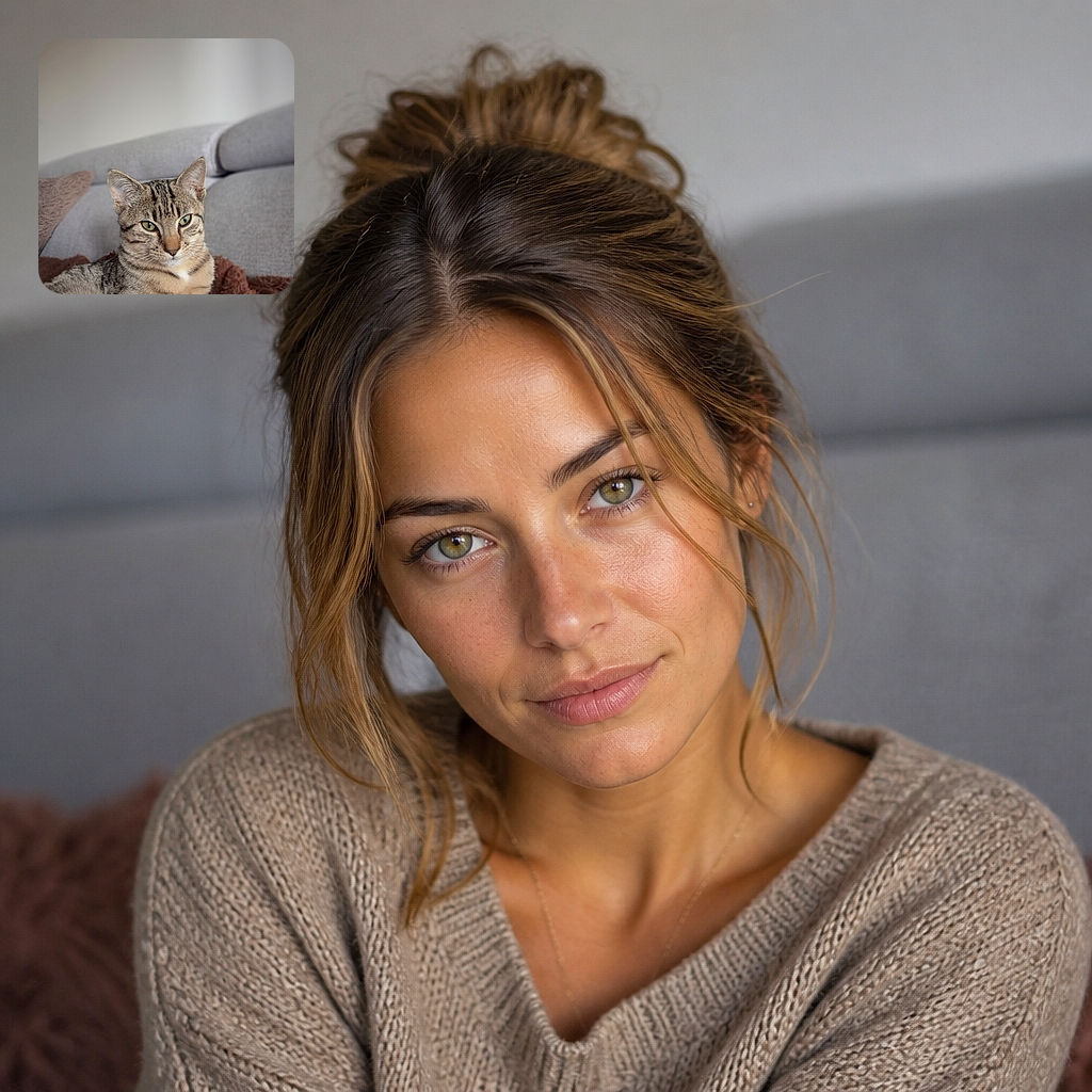 A serious tabby cat sits like the tiny landlord of the couch, gazing into the camera with the authority of someone who has just inspected the entire household. Its striped coat and bright green eyes stand out against the soft gray sofa and fluffy blanket.