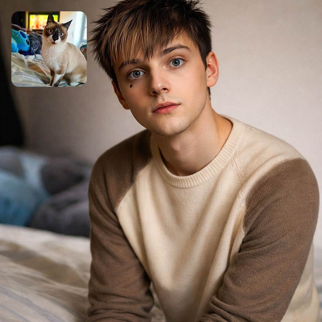 A wide-eyed Siamese-mix cat perches on a rumpled bed, gazing at the camera with theatrical curiosity. Soft background bokeh reveals a blue Stitch plush and a blurred TV, giving the scene a cozy, slightly chaotic bedroom-vibe — the cat clearly owns this space.