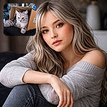 A fluffy gray and white cat lounges comfortably inside a small cardboard box, peeking out with curious amber eyes. The cozy scene is set against a stylish dark stone wall with decorative dried flowers and household items in the background, giving a warm, lived-in vibe.