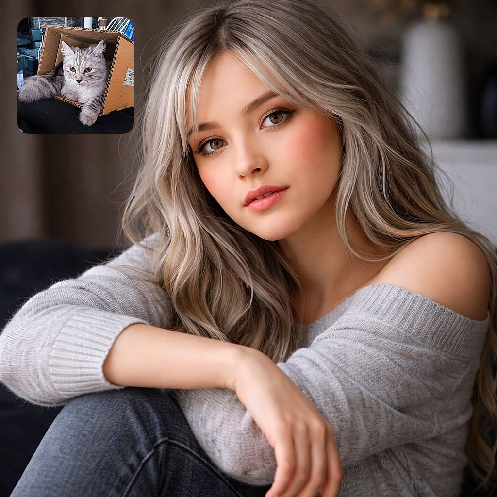 A fluffy gray and white cat lounges comfortably inside a small cardboard box, peeking out with curious amber eyes. The cozy scene is set against a stylish dark stone wall with decorative dried flowers and household items in the background, giving a warm, lived-in vibe.