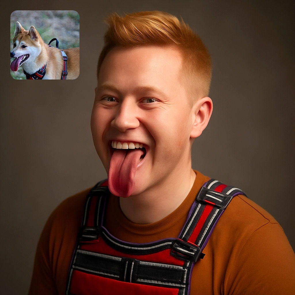 A happy dog with a reddish-brown coat and white markings is panting with its tongue out, wearing a red and black harness, standing outdoors with a blurred natural background.