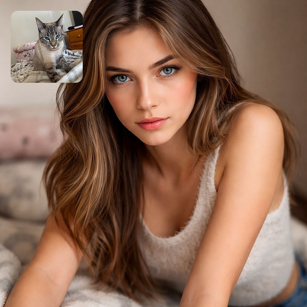 A sassy blue-eyed cat commands the bed with a slightly derpy expression and a tiny pink tongue peeking out, perched on cozy patterned blankets with a wooden nightstand and folded kitty-print throw in the background — peak domestic royalty.