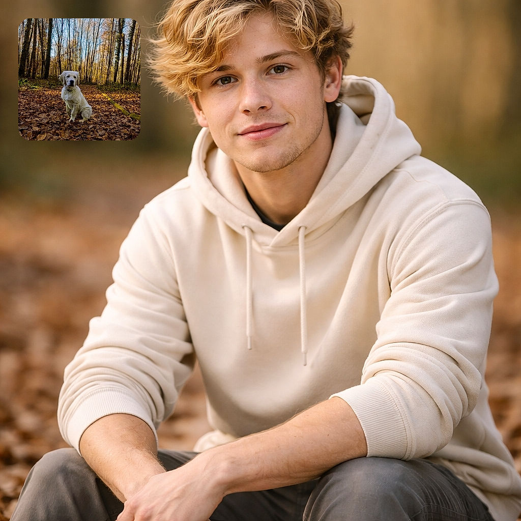 A fluffy golden retriever puppy sits like a tiny forest sentinel among a crunchy carpet of autumn leaves, giving the camera a calm, slightly bewildered stare as if pondering squirrel diplomacy.