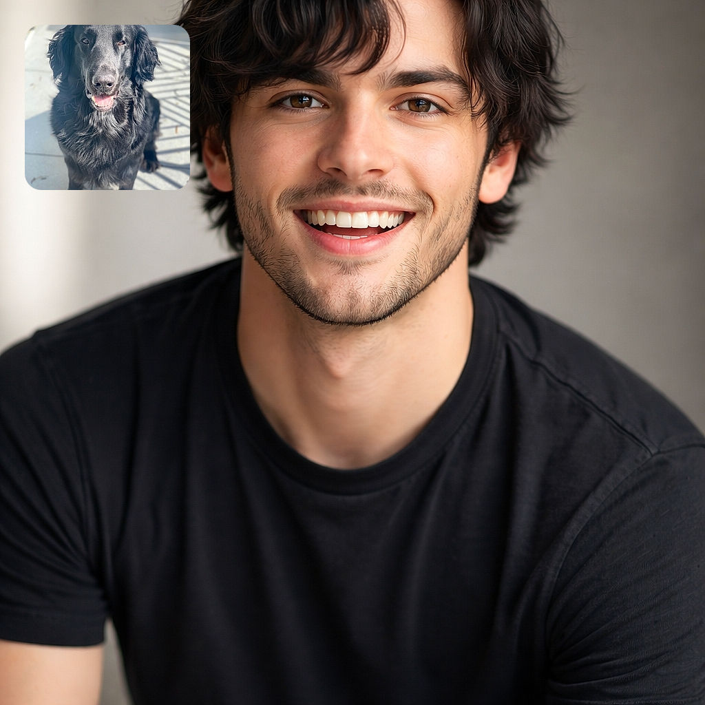 A handsome black dog soaks up the sun, tongue out in a goofy grin while shiny fur catches the light — looks like a furry supermodel posing on a stripy-patio runway.