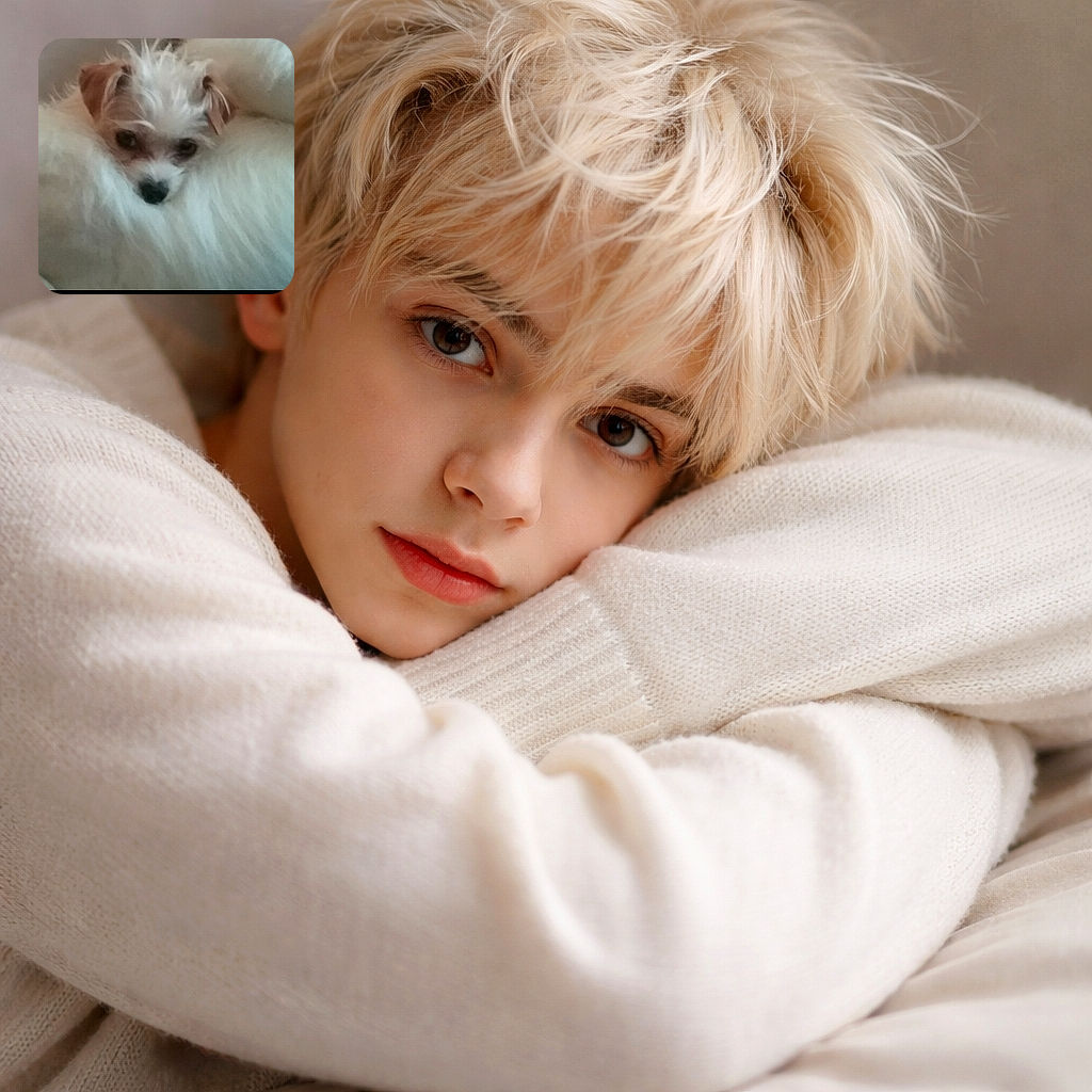 A tiny scruffy dog peeking out of a fluffy white cloud of fur like a suspicious little marshmallow — sleepy eyes, a black button nose, and ears doing their best to stay tidy while the rest of the coat wins the cuddle contest.