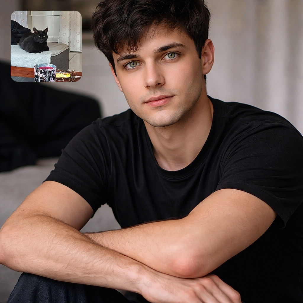 A unimpressed black cat loafs on a blanket like it owns the place, staring deadpan at the camera while a floral candle and snack wrapper occupy the foreground and a tidy kitchen with heart-patterned curtains sits in the background.