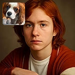A close-up of a sweet Cavalier King Charles Spaniel with soulful eyes and fluffy ears, peeking over a textured gray surface with wooden floor and slippers in the background.