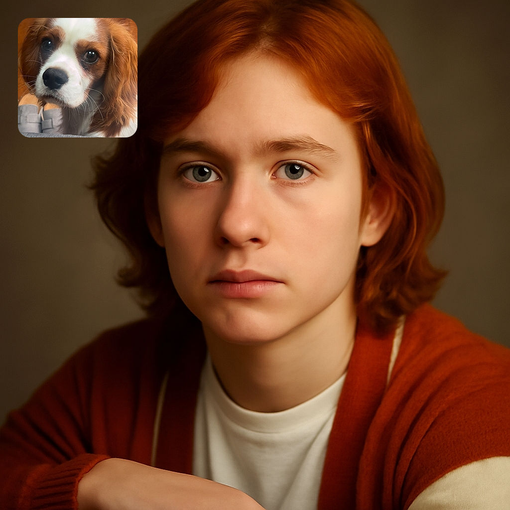 A close-up of a sweet Cavalier King Charles Spaniel with soulful eyes and fluffy ears, peeking over a textured gray surface with wooden floor and slippers in the background.