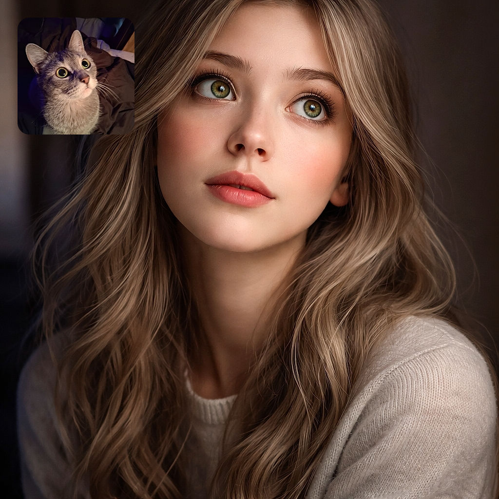 A wide-eyed tabby cat stares upward with cartoonish curiosity, whiskers fanned and pupils blown wide — like someone just promised treats or a laser pointer.