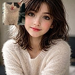 A fluffy black-and-white kitten stares curiously at the camera, its pink nose and big ears glowing softly in the natural light. The background is slightly blurred, highlighting the kitten's adorable face and fluffy fur as it sits on a dark surface.