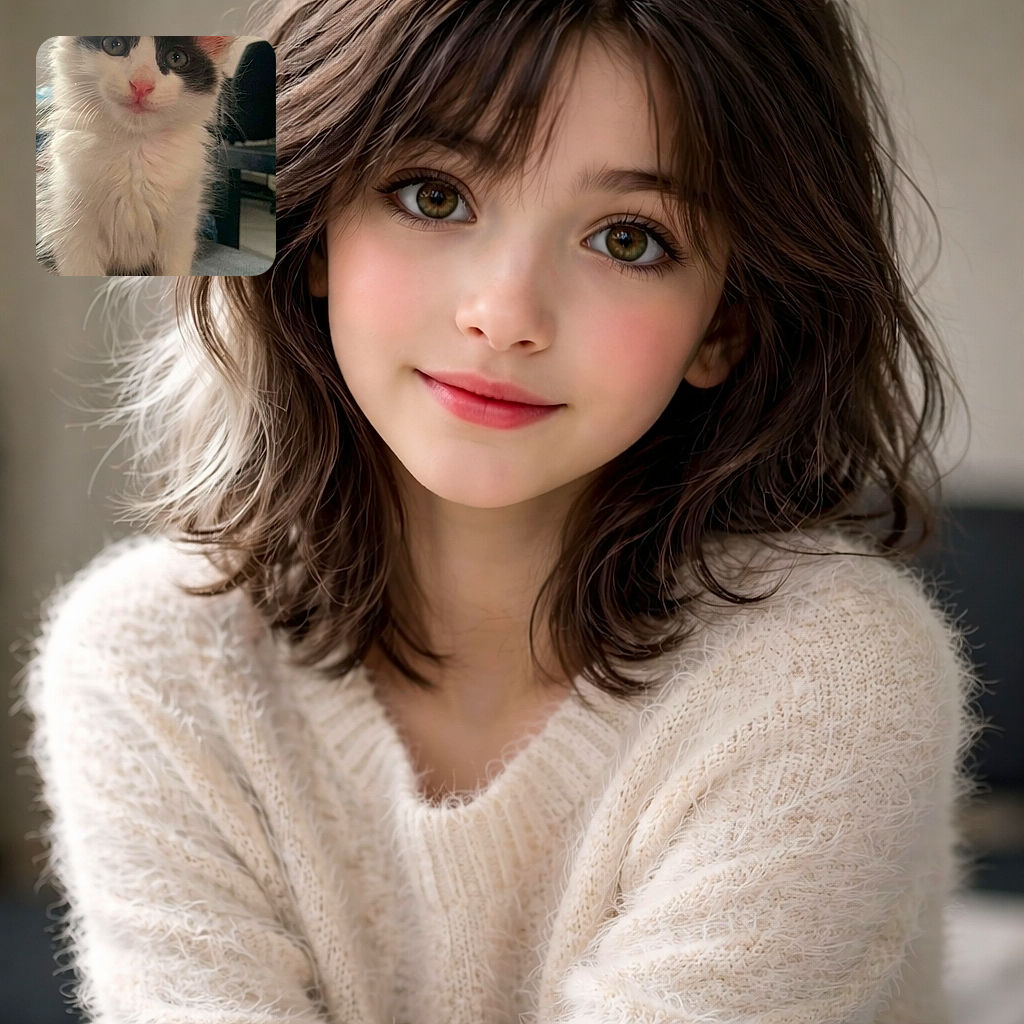 A fluffy black-and-white kitten stares curiously at the camera, its pink nose and big ears glowing softly in the natural light. The background is slightly blurred, highlighting the kitten's adorable face and fluffy fur as it sits on a dark surface.