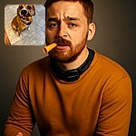 A charming brown dog with soulful eyes sits patiently on a tiled floor, gripping a rolled chew treat in its mouth, as if posing for a canine portrait in a cozy kitchen setting.