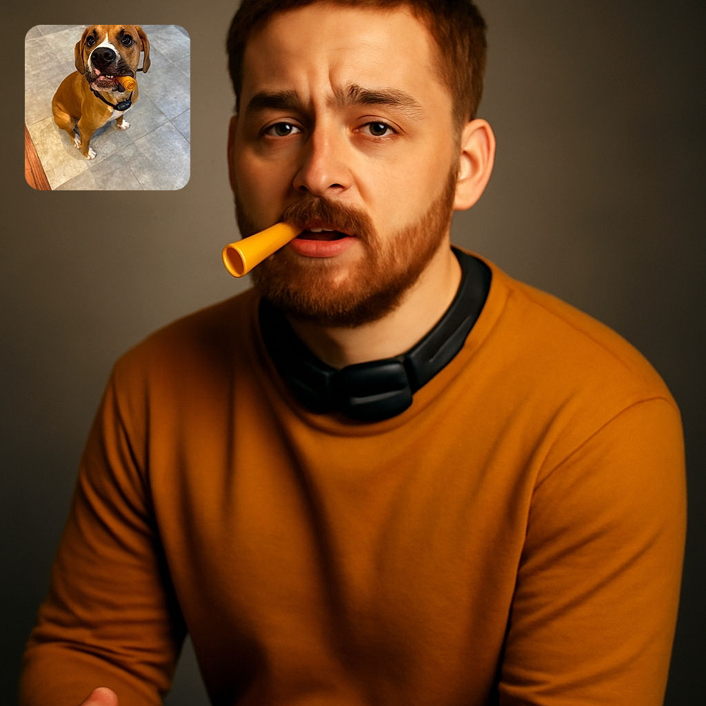 A charming brown dog with soulful eyes sits patiently on a tiled floor, gripping a rolled chew treat in its mouth, as if posing for a canine portrait in a cozy kitchen setting.