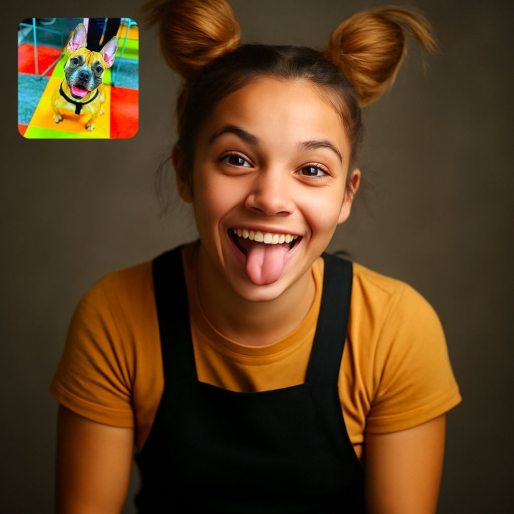 A cheerful dog with big ears and a happy expression sits on a vibrant, colorful tiled floor, looking up with tongue out as if ready to play or pose for the camera.