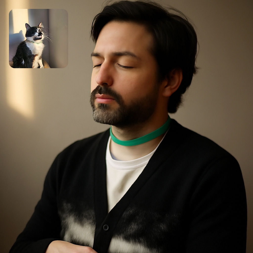 A serene black and white cat basks in warm sunlight, eyes closed in bliss, casting a soft shadow on the wall behind. The cozy beige cat bed adds to the peaceful vibe of this perfectly captured moment of feline contentment.