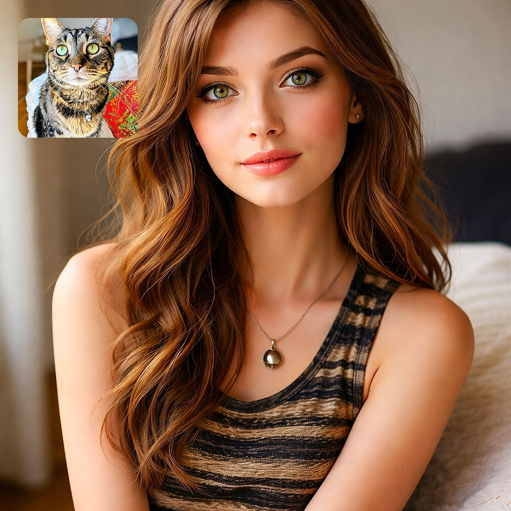 A regal tabby stares straight into the camera with enormous green eyes and perfectly groomed whiskers — sporting a tiny jingly bell and perched on a cozy blanket while a colorful embroidered pillow photobombs the side.