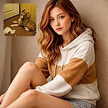 A mischievous puppy lounges on a wooden floor next to a torn-up pile of tissues, looking innocently at the camera with one ear perked up and the other flopped down, while the warm yellow lighting adds coziness to the indoor scene.