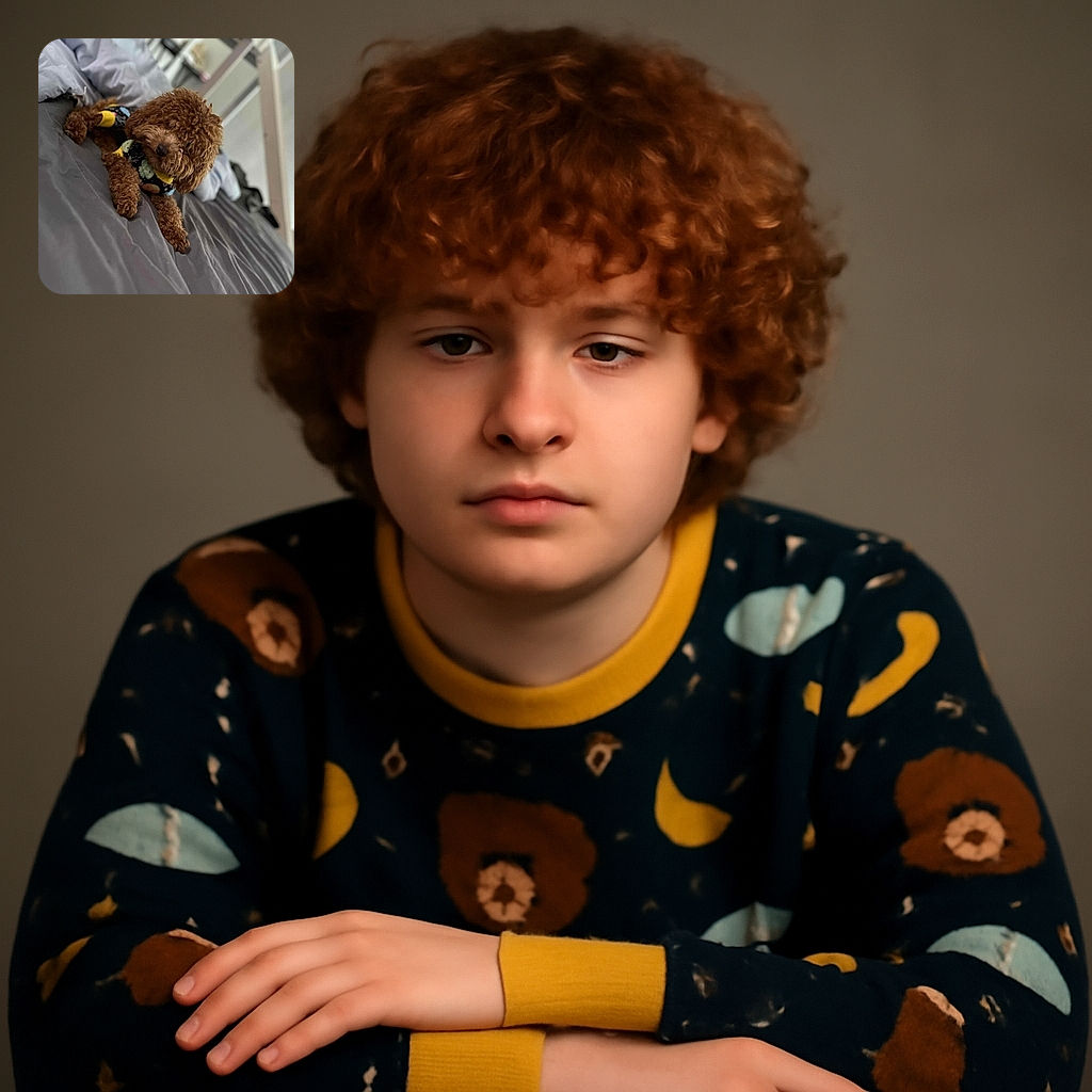 A fluffy brown dog wearing a colorful sweater lounges comfortably on a gray bedspread, looking cozy and content with a slightly tilted head as if pondering the mysteries of life.