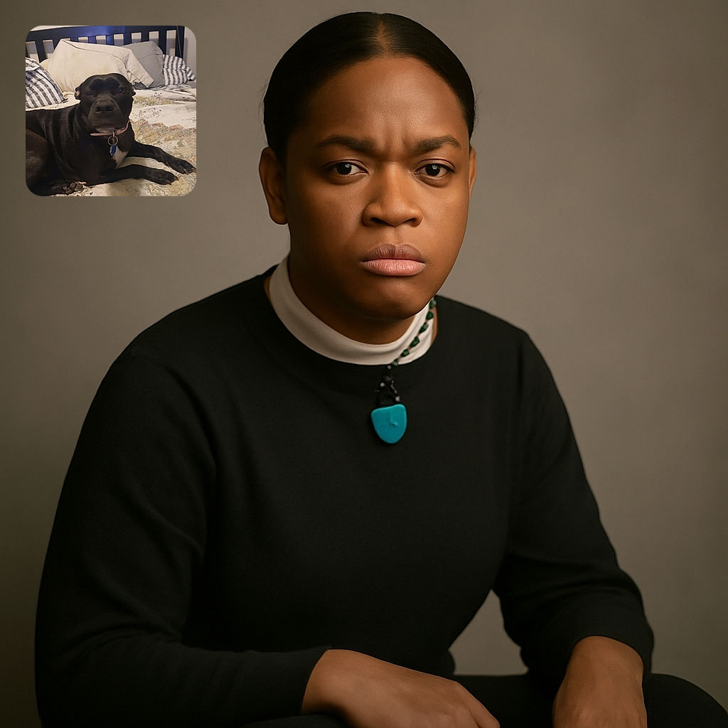 A relaxed black dog lounges on a cozy bed with patterned pillows and a quilt, looking slightly sleepy or unimpressed, as if it's been caught mid-nap by an overly enthusiastic photographer.