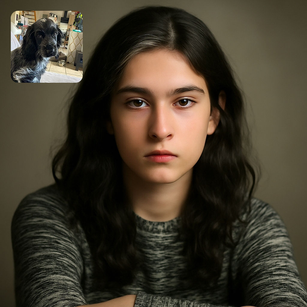 A charming black and white puppy sitting on a cozy couch with a curious and slightly solemn expression, set against a warm, lived-in home interior featuring wooden beams and kitchen appliances in the background.