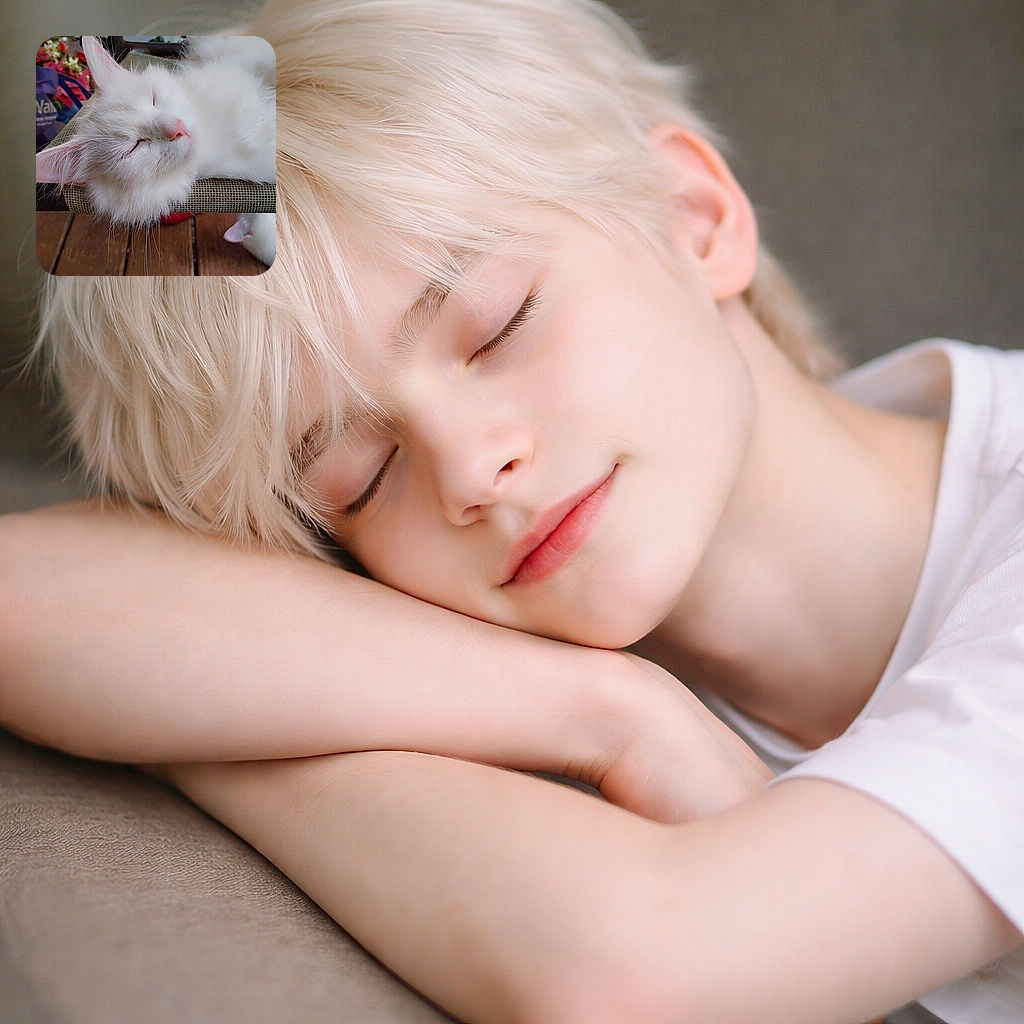 A fluffy white cat is peacefully napping on a mesh chair outdoors, soaking up the calm vibes of the wooden deck and garden surroundings. Its pink nose and closed eyes add to the serene, cozy atmosphere.