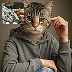 A cozy selfie featuring a person with platinum blonde hair and a gray hoodie, gently holding an adorable tabby kitten with white paws. The kitten gazes curiously at the camera while the person's hand playfully reaches towards its ear, creating a warm and intimate moment inside a car.