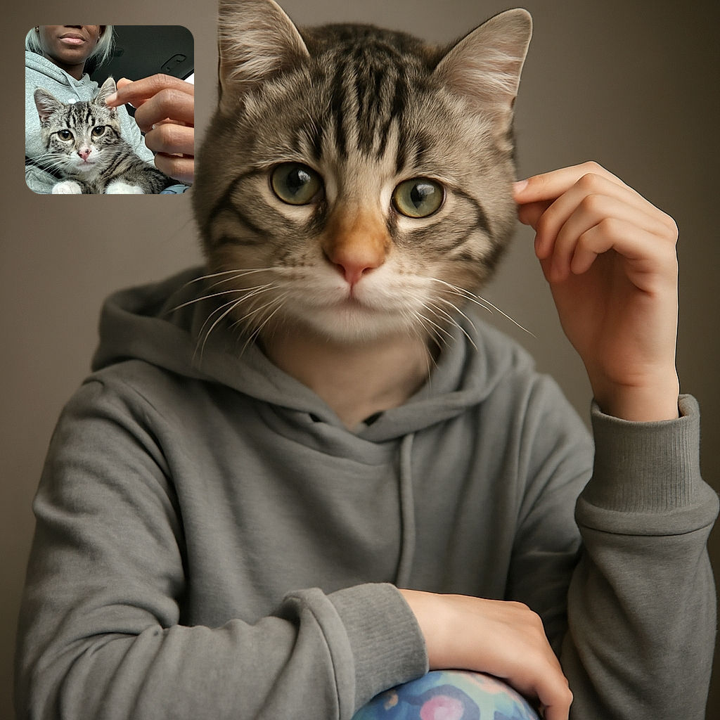 A cozy selfie featuring a person with platinum blonde hair and a gray hoodie, gently holding an adorable tabby kitten with white paws. The kitten gazes curiously at the camera while the person's hand playfully reaches towards its ear, creating a warm and intimate moment inside a car.