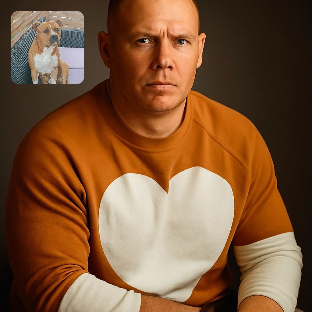 A dignified brown and white dog sits comfortably on a purple cushion in a wicker chair with wooden fence panels in the background, looking thoughtfully into the distance like it's pondering the meaning of life or waiting for a treat.
