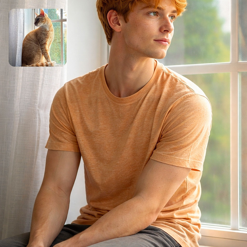 An orange tabby perched like a furry lighthouse on the windowsill, posing in a majestic side-profile as it contemplates the mysteries of birds, leaves, and snack delivery schedules.