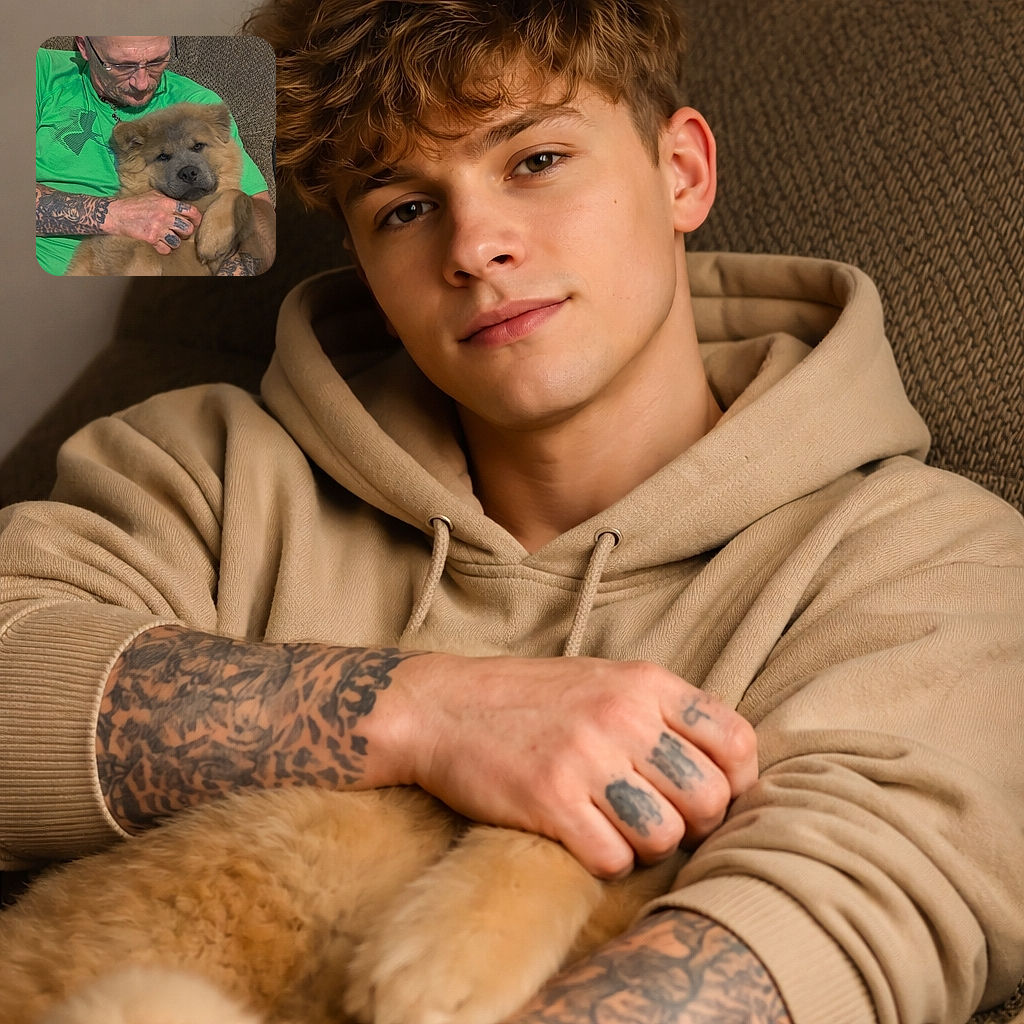 A tattooed person in a bright green shirt gently cradles a fluffy, pouty-faced puppy like a living teddy bear — the dog looks perpetually unimpressed while the human inspects their new cuddle acquisition with glasses perched and true devotion.