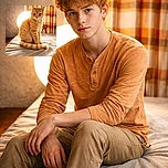 A regal ginger cat sits like it owns the place, backlit by a glowing lamp that gives it a saintly halo — curtains and a wooden chair provide a cozy, slightly retro stage while the cat stares down the camera with unimpressed majesty.