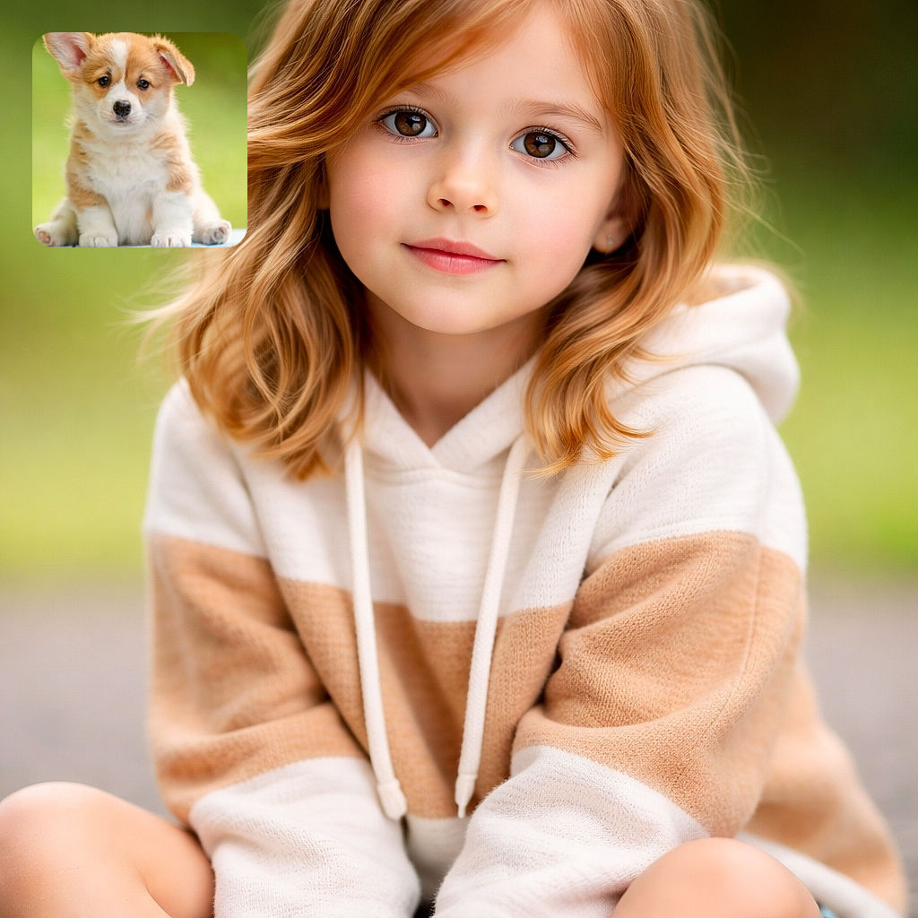An adorable fluffy puppy with big ears and soulful eyes sits attentively on a soft surface, with a smooth green background that makes the pup look like the star of a puppy calendar.