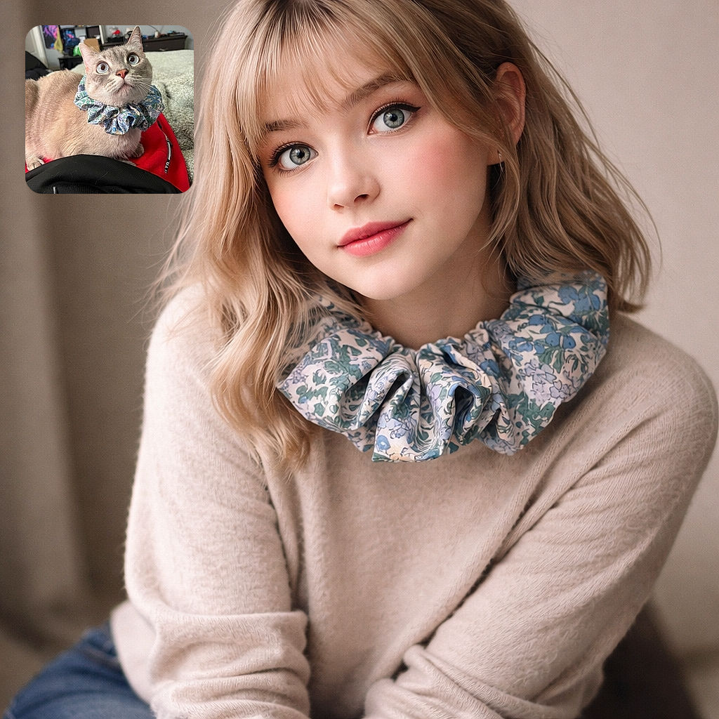 A curious cat with strikingly large blue eyes wears a floral scrunchie around its neck, perched on a cozy bed with a red blanket and a black hoodie in the foreground. The background shows a colorful poster and a TV, adding a casual home vibe to the scene.