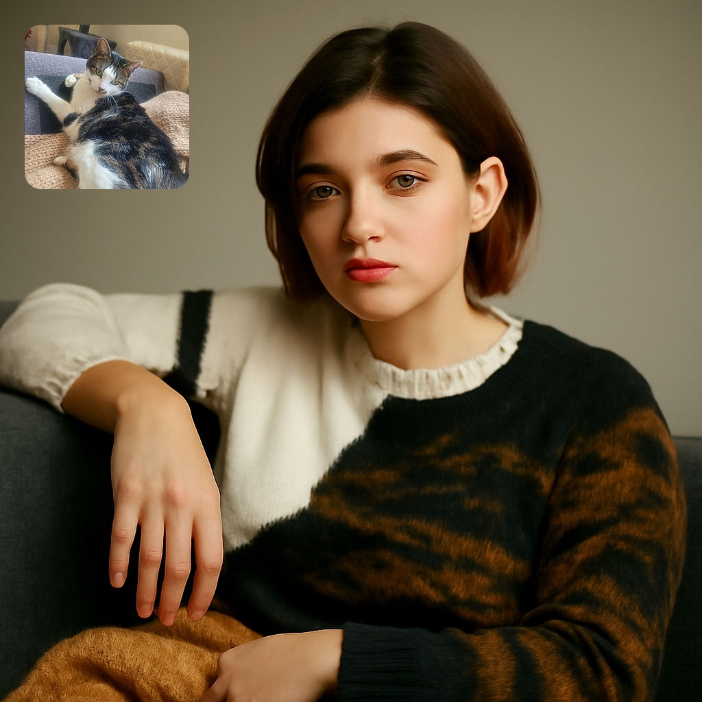 A cozy tabby and white cat lounging on a knitted blanket, looking curiously over its shoulder with bright green eyes. The background features a cat tree and soft cushions, creating a warm and inviting indoor scene.