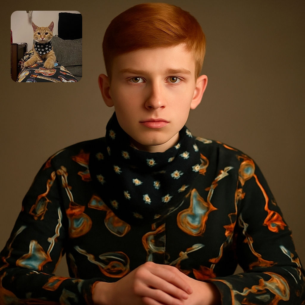 An adorable orange tabby cat wearing a black bandana with white paw prints lounges on a guitar-patterned blanket, looking straight at the camera with a calm and confident expression. The cozy indoor setting includes a couch and a small table with a soda can in the background.