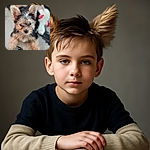 A tiny, wet-furred puppy stares curiously into the camera with big, perky ears and shiny eyes, sitting on a textured rug with a blurred white and red plush toy in the background.