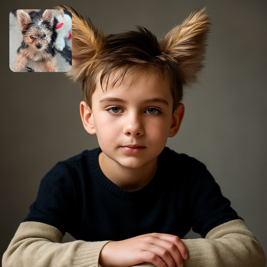 A tiny, wet-furred puppy stares curiously into the camera with big, perky ears and shiny eyes, sitting on a textured rug with a blurred white and red plush toy in the background.