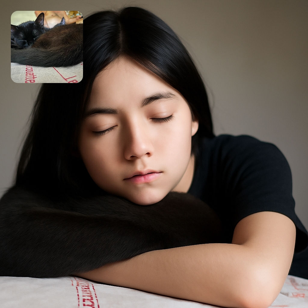 Two black cats are cozily curled up and sleeping on a fabric with red text, while a blurred shirtless person is in the background, out of focus. The cats' fur is soft and detailed, making them the clear stars of this sleepy snapshot.