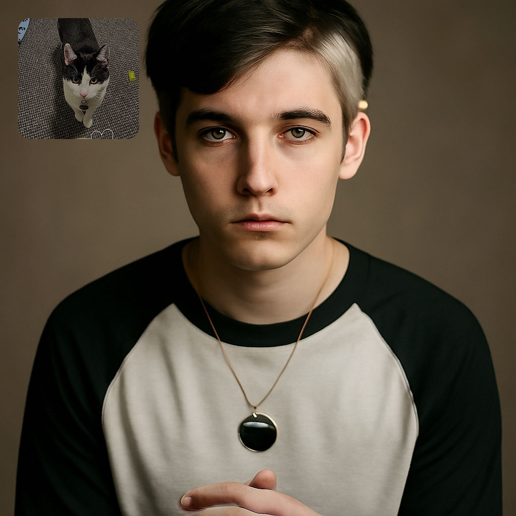 A curious black and white cat named Crumbs looks up with bright eyes, standing on a textured carpet next to a cozy paw-print mat and a small yellow toy spring, with a playful heart doodle overlay adding a touch of affection.