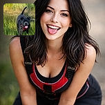 A happy black dog with a red harness is joyfully trotting through tall green grass under bright sunlight, tongue out and tail up, clearly enjoying an outdoor adventure.