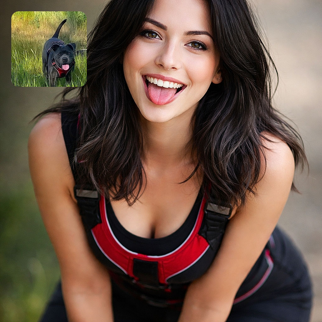 A happy black dog with a red harness is joyfully trotting through tall green grass under bright sunlight, tongue out and tail up, clearly enjoying an outdoor adventure.