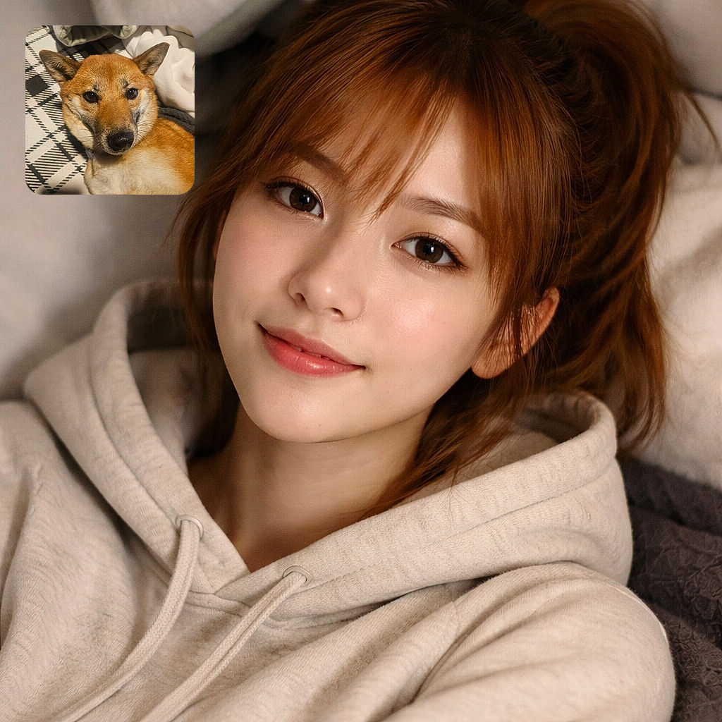 A close-up photo of a relaxed Shiba Inu dog lying on a patterned blanket with cozy, soft fabrics around. The dog's expressive eyes and fluffy fur are captured in warm lighting, giving a homely and comforting vibe.