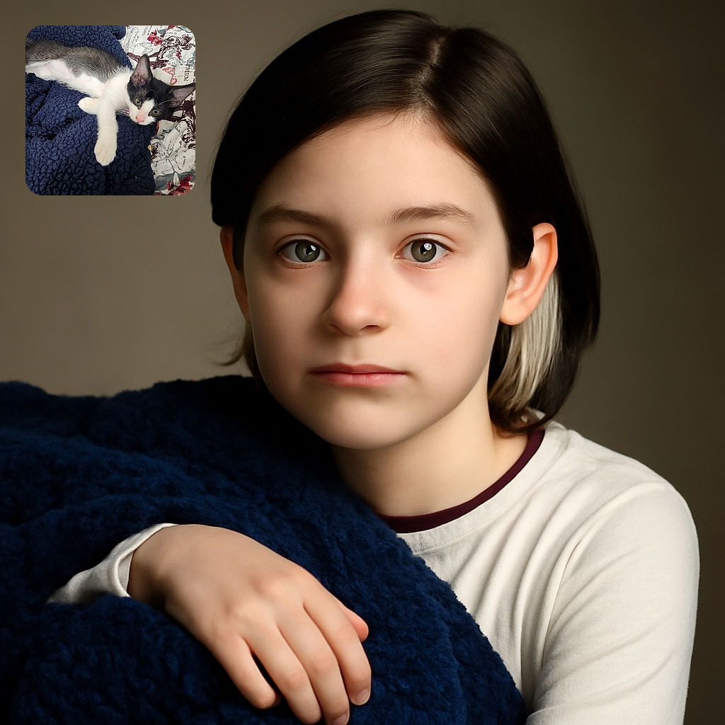 A curious black and white kitten lounging on a cozy navy blue blanket atop a floral patterned bedspread, with a water bottle casually lying nearby, capturing a relaxed and homely vibe.